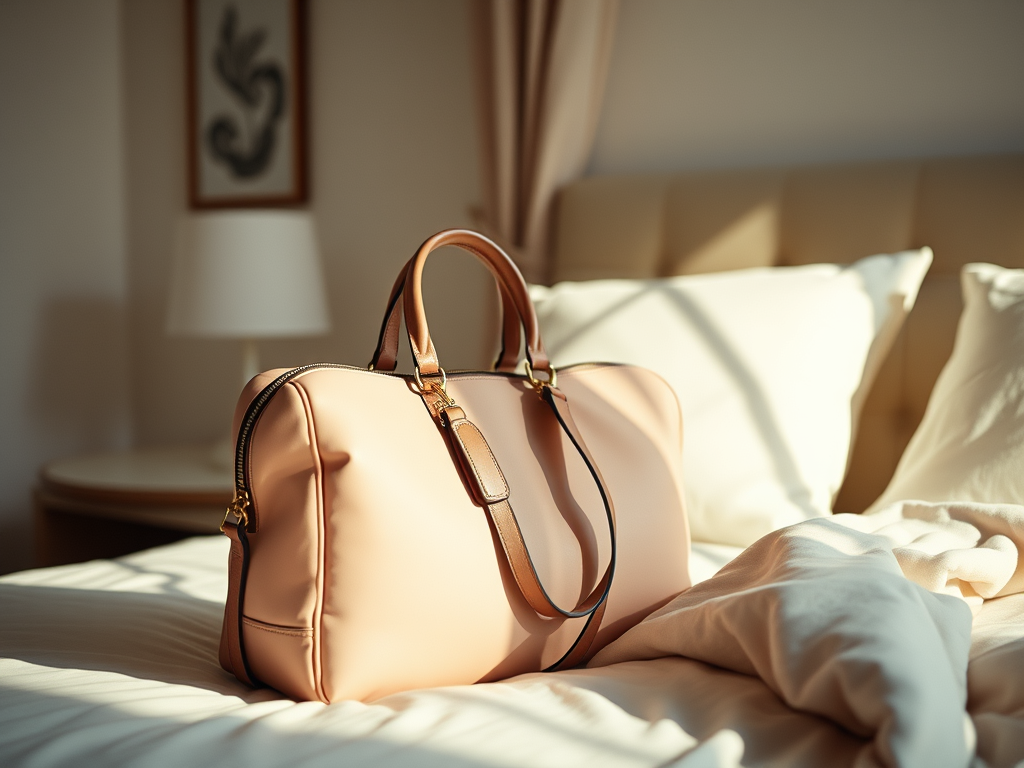 A stylish pink duffel bag resting on a neatly made bed with soft pillows, bathed in warm sunlight.